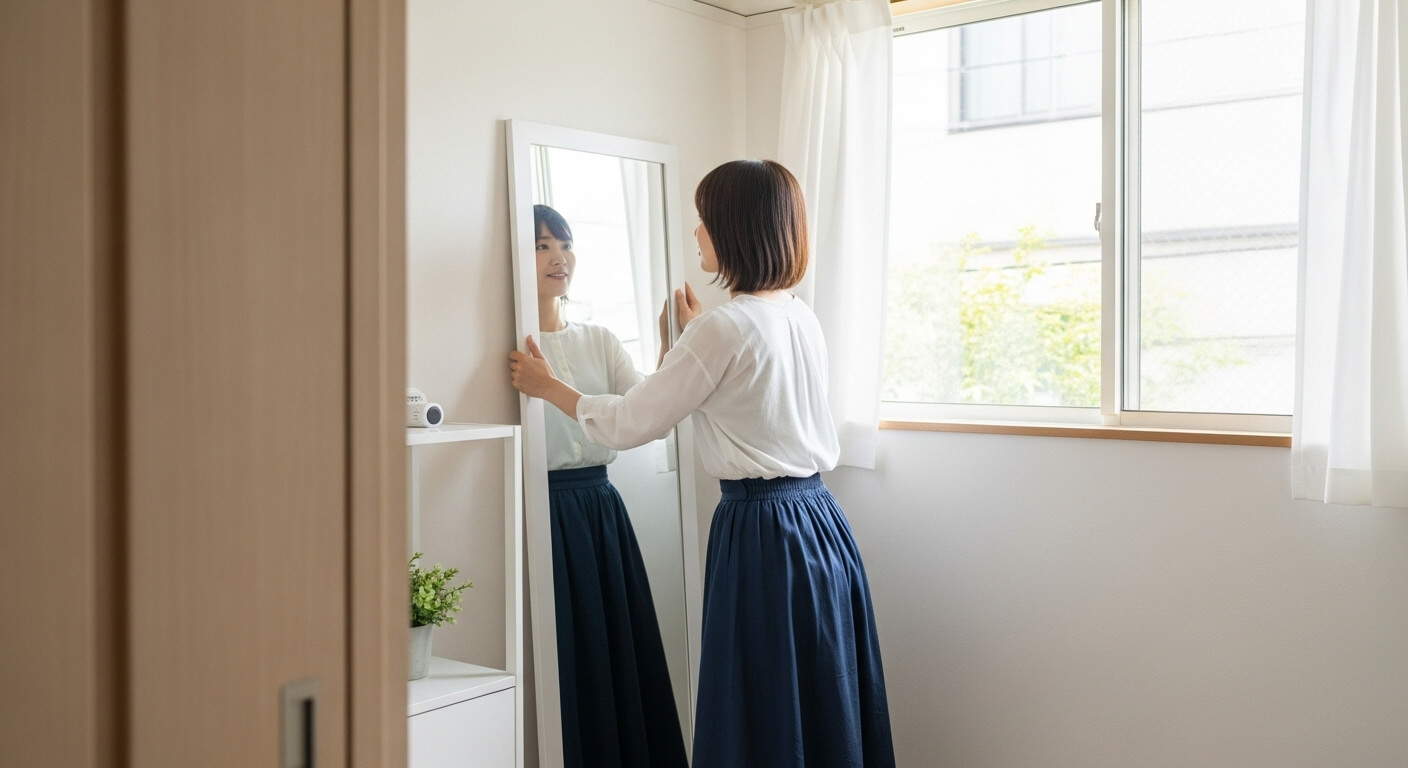 窓際に立てかけられた大きな鏡で広く見せる