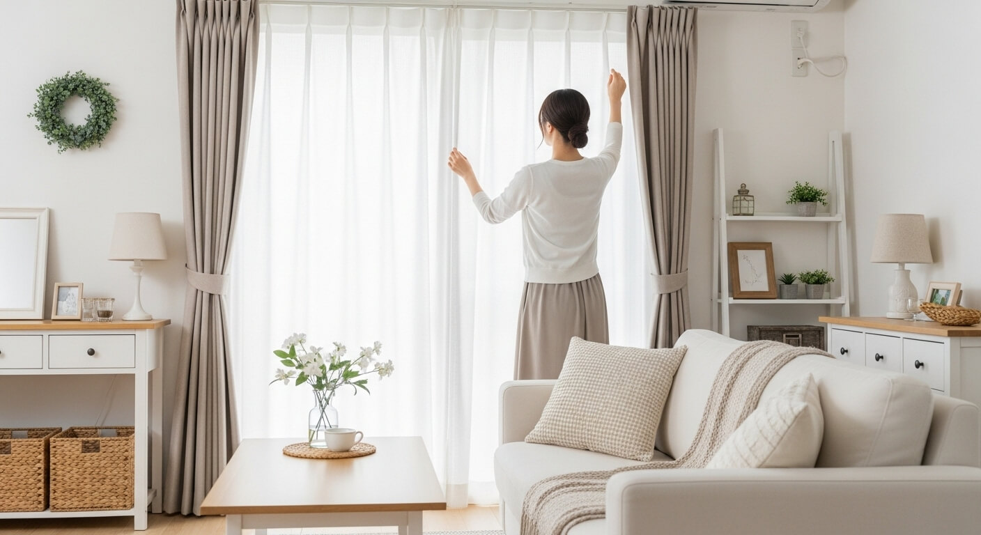 家具やカーテンの色味を揃えて統一感を出した部屋