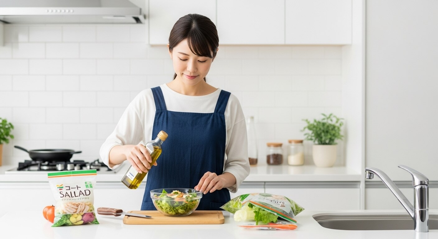 カット野菜にサラダチキンをトッピングしたサラダ