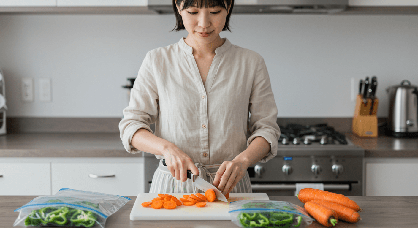 ジップ袋にカット野菜を入れて保存している様子