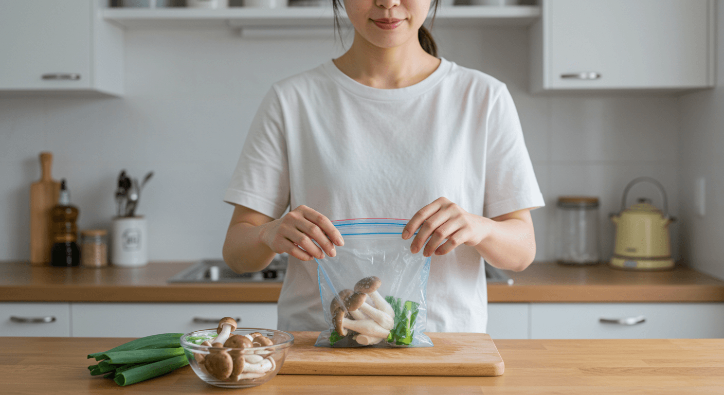 冷凍前に並べられたきのこやネギなどのカット野菜