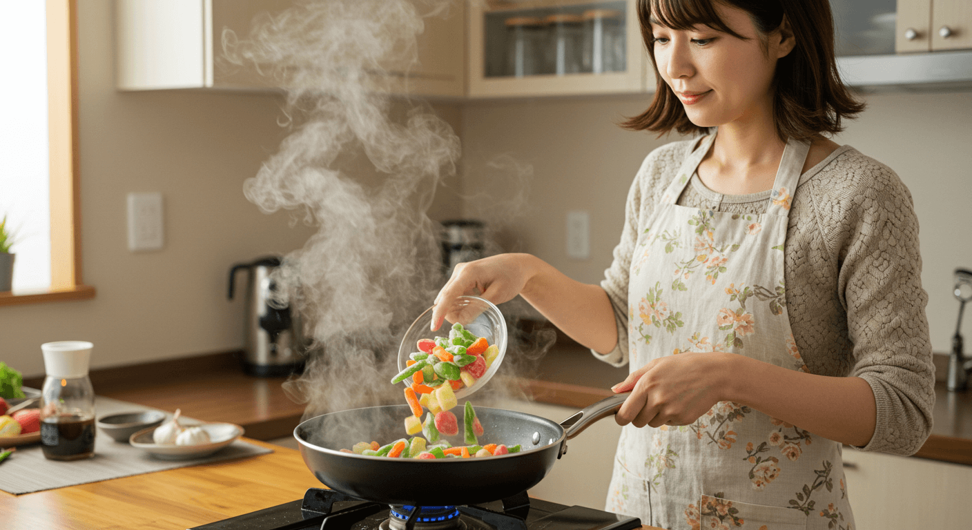 自然解凍で使う野菜と凍ったまま調理する炒め物の比較