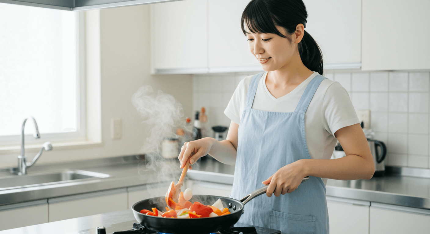 フライパンで調理中の野菜炒め