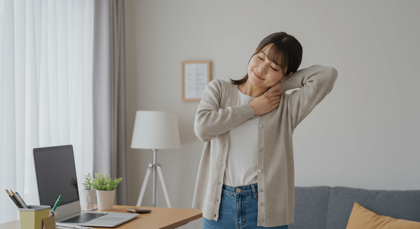 オフィスでストレッチする女性のイメージ画像