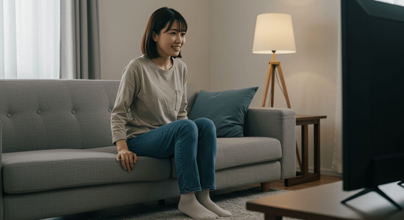 ソファに座って脚をパタパタと動かす女性