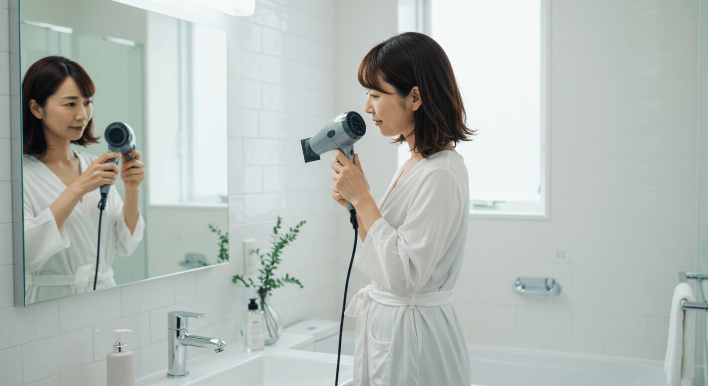 洗面所でドライヤーをかけながらヒップを引き締めている女性
