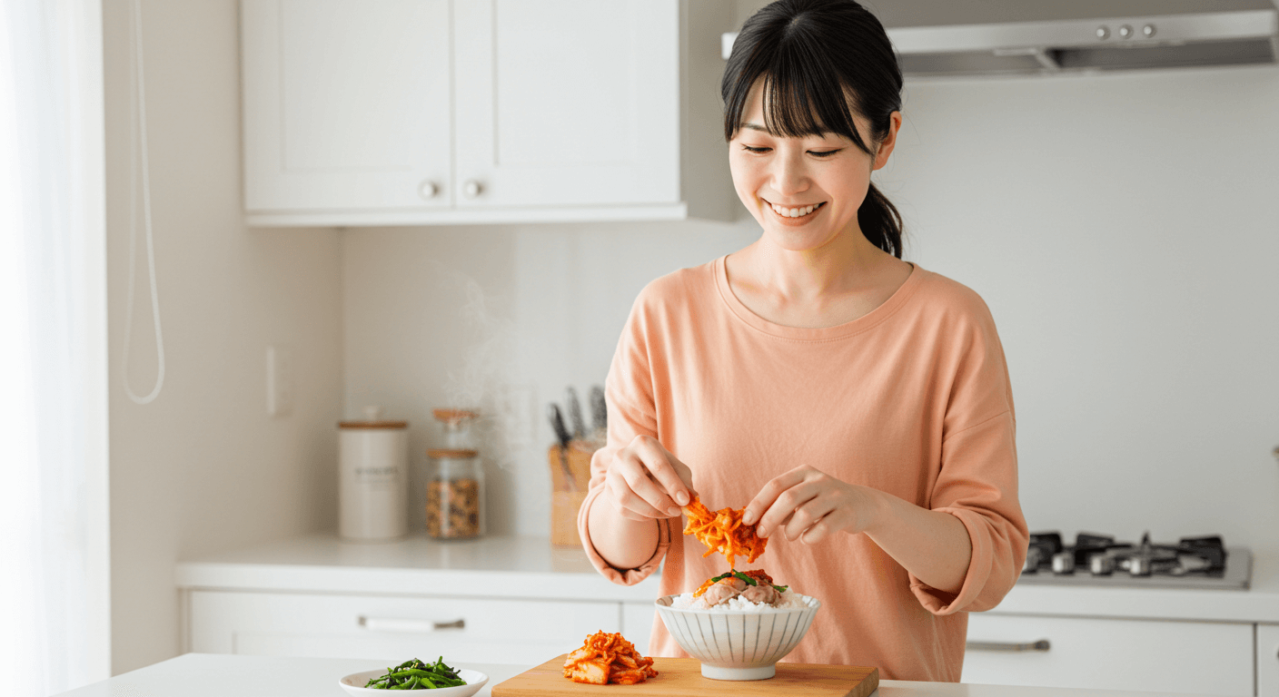 温泉卵や具材をのせた簡単丼の盛り付け