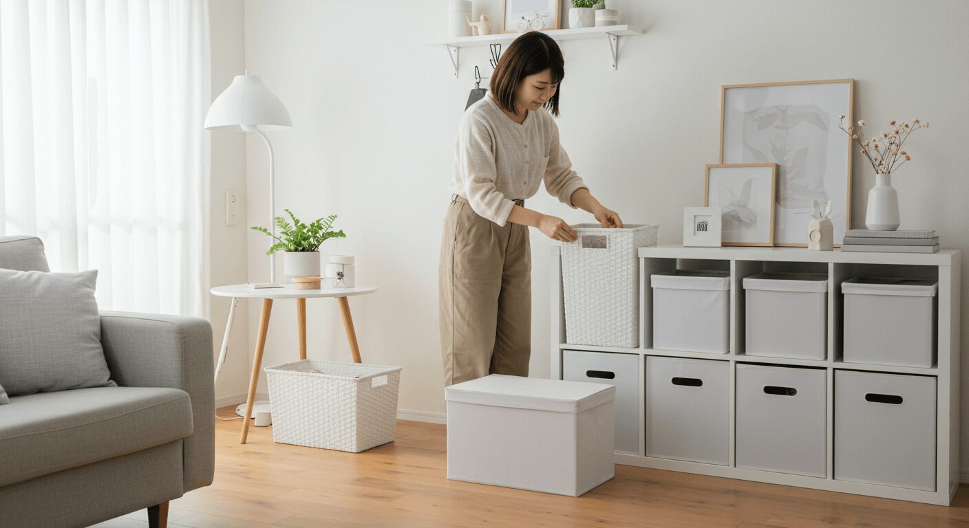 色味と素材を統一した収納バスケット