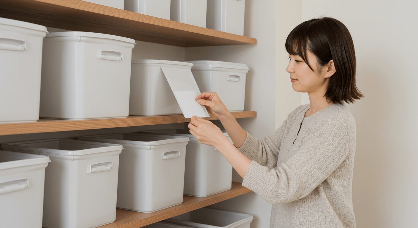 中身が見えない収納ケースとラベル