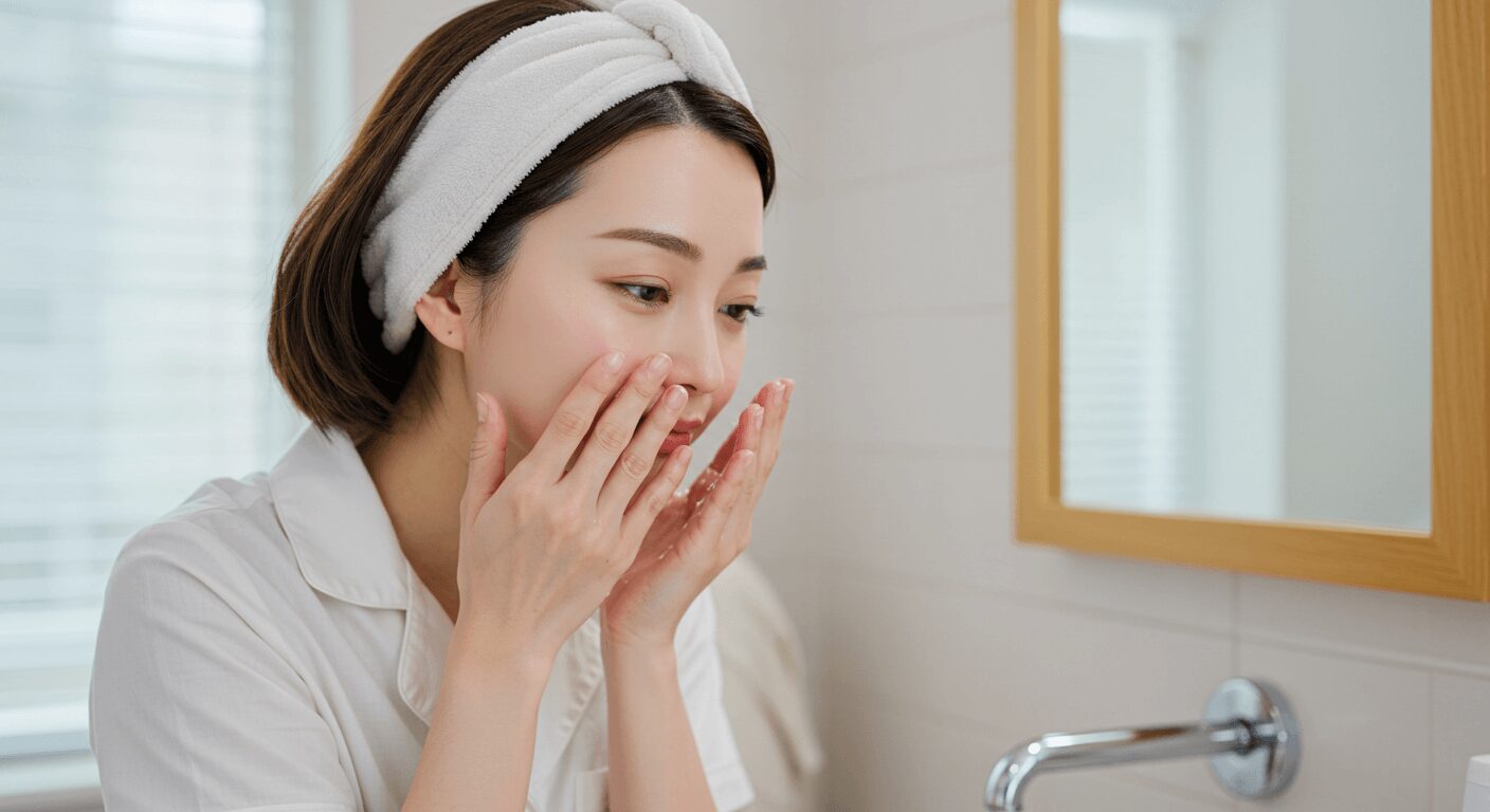 ぬるま湯で優しく洗顔する女性の朝習慣