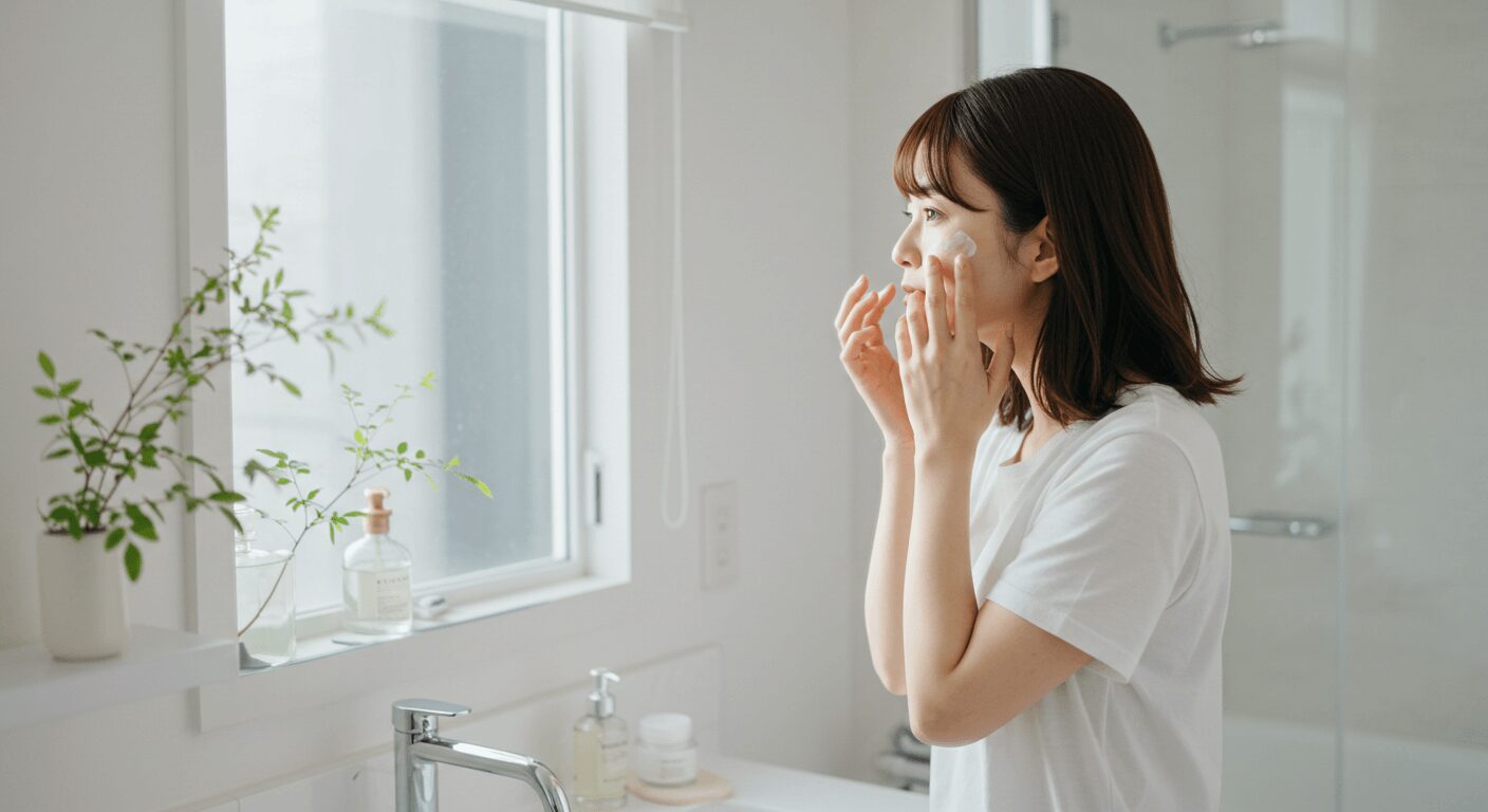 オールインワンジェルでスキンケアを時短する女性