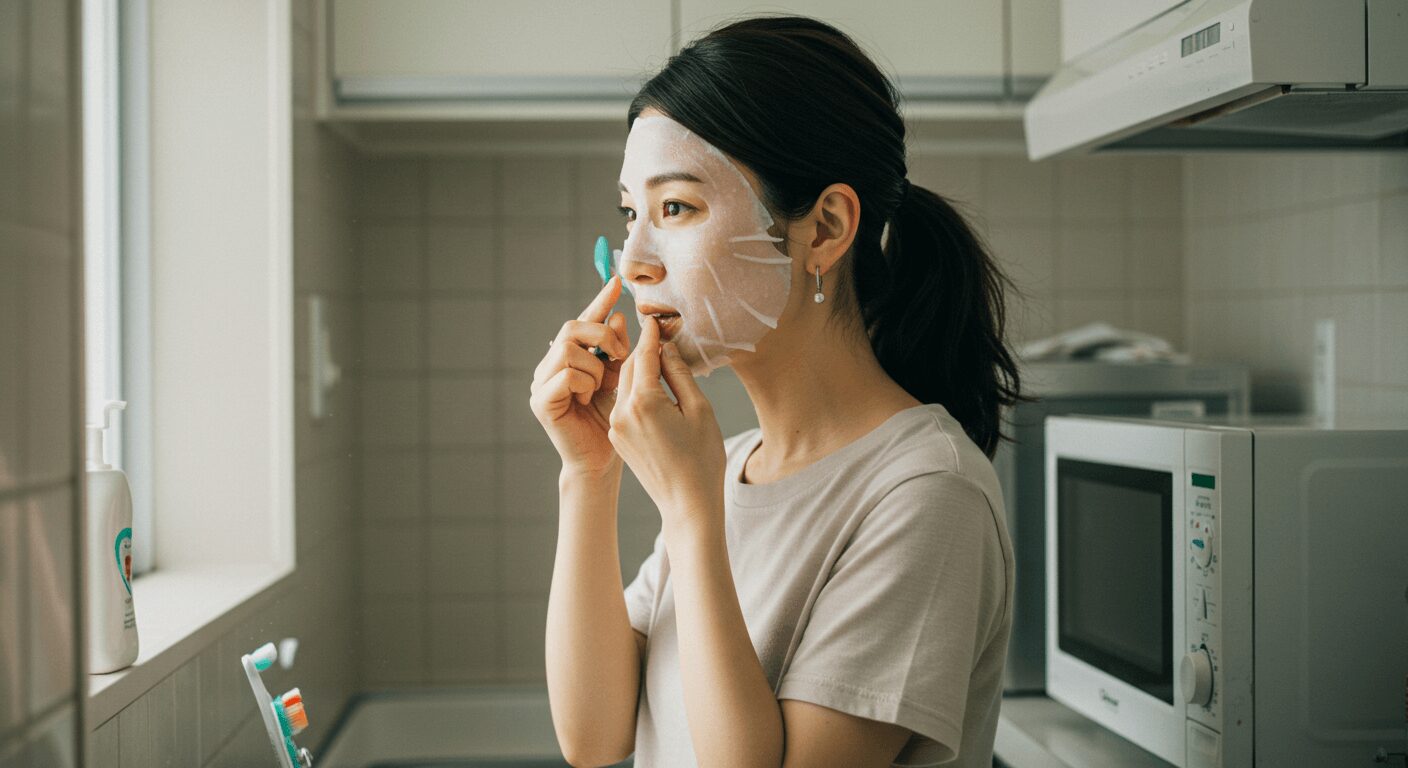 朝の家事をしながらスキンケアする女性