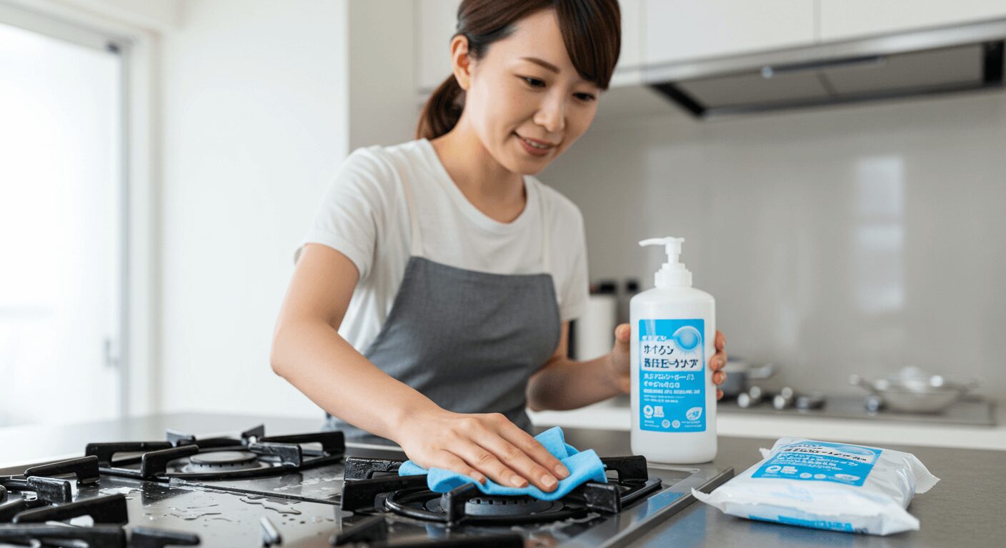 調理後すぐにコンロを拭いている様子