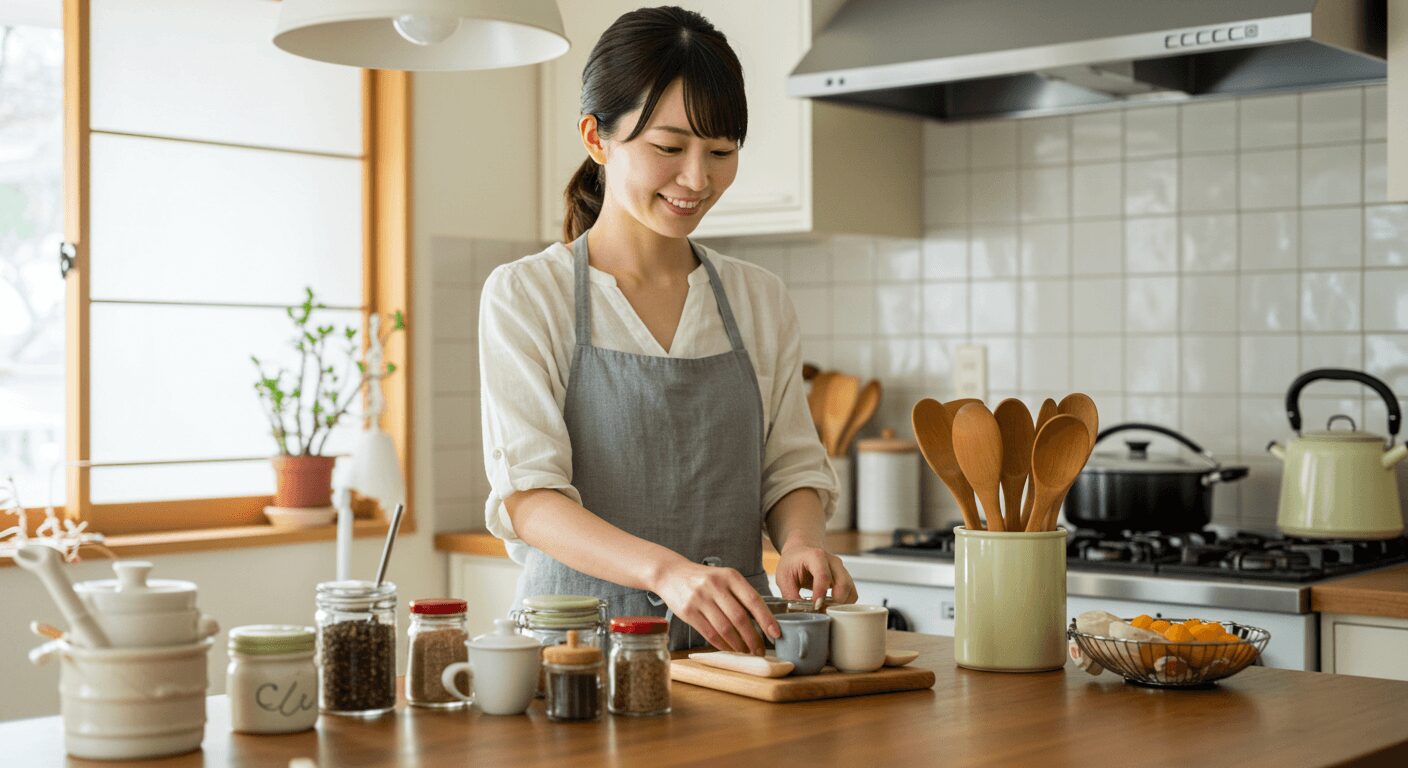 調味料やキッチンツールを定位置に戻す様子