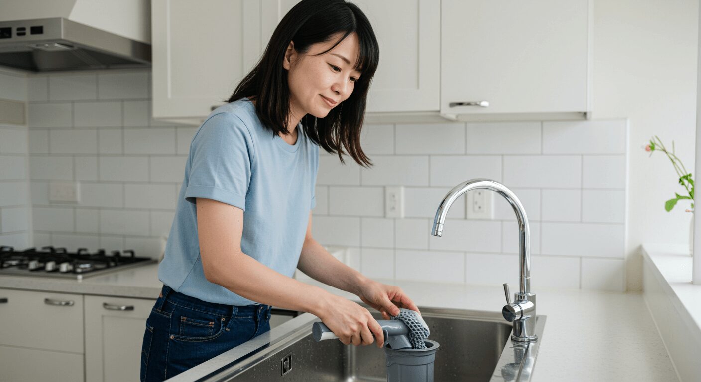 排水口のゴミ受けを清掃する様子