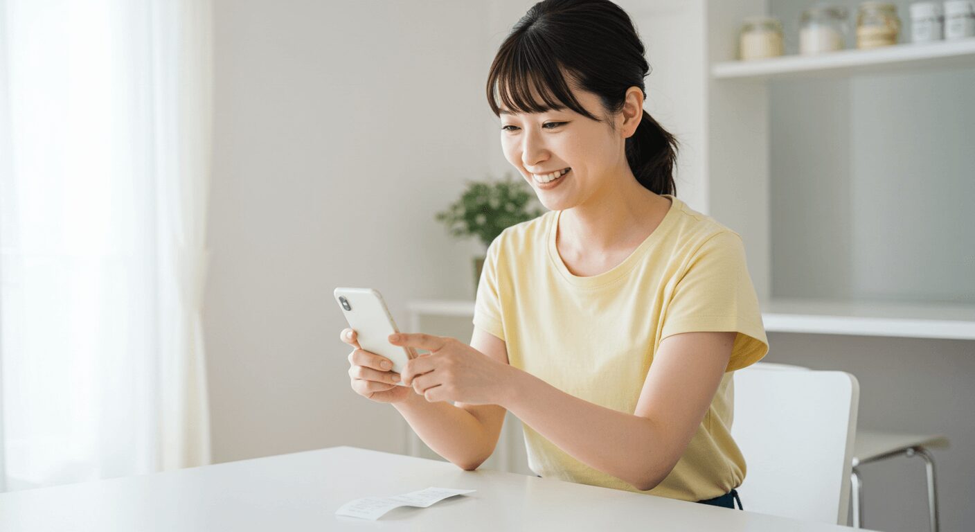 スマホでレシートを撮影している女性の様子