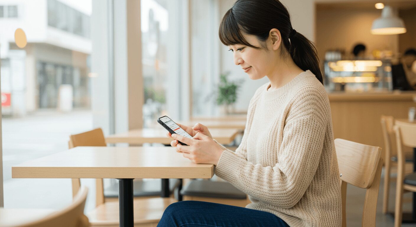 スマホで電子マネー明細をチェックしている女性