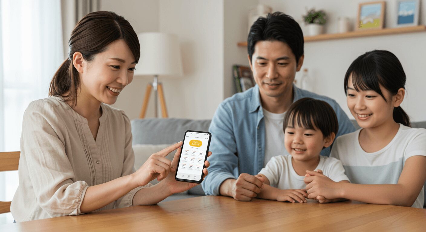 家族でアプリ画面を見ながら会話する様子