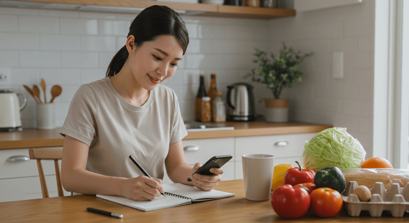 冷蔵庫の中身を確認しながらメモを取る女性