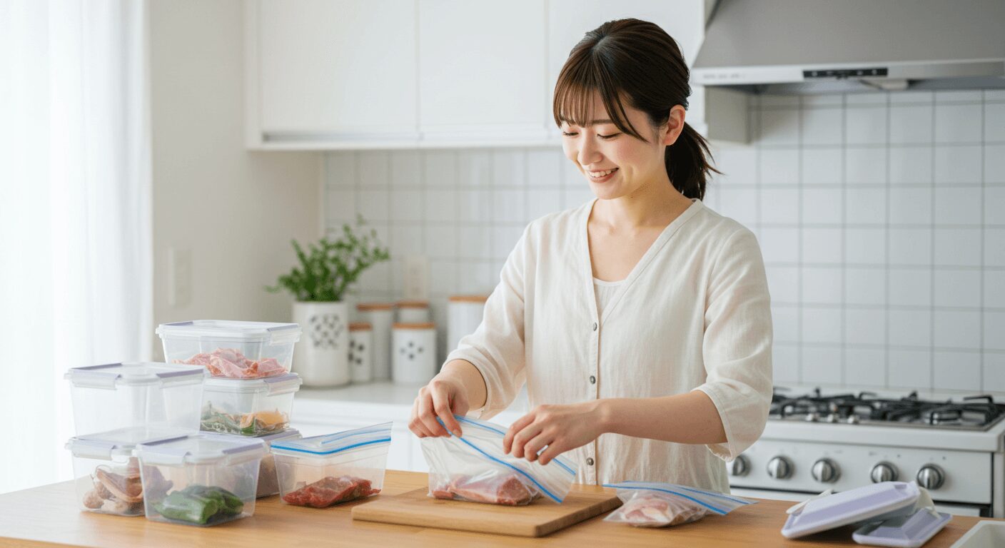 買った野菜を下ごしらえして保存容器に入れる女性