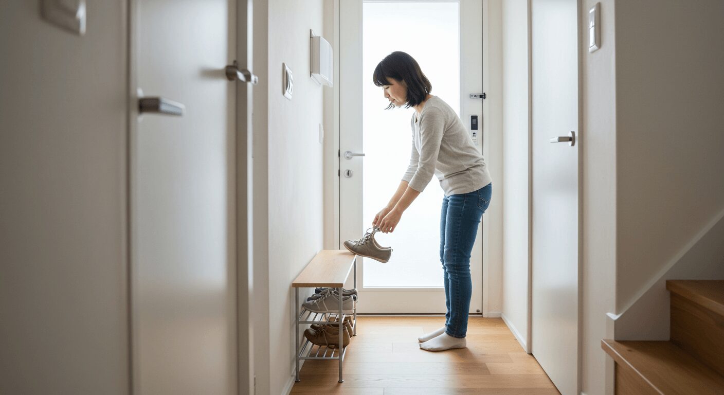 玄関に並ぶ最低限の靴と収納ラックの様子