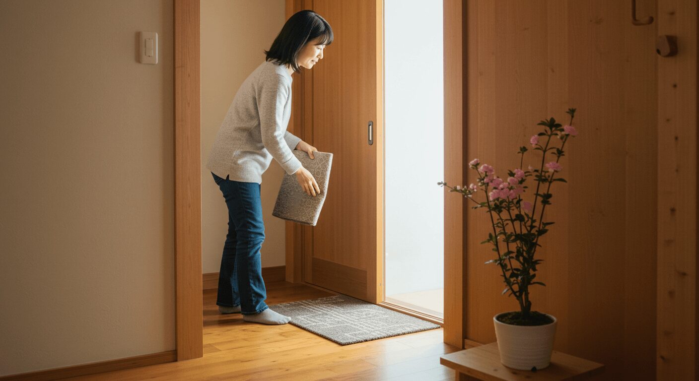 玄関マットと観葉植物で整えられた玄関