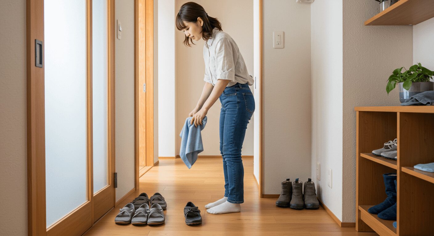 玄関の靴を全部出して掃除している女性