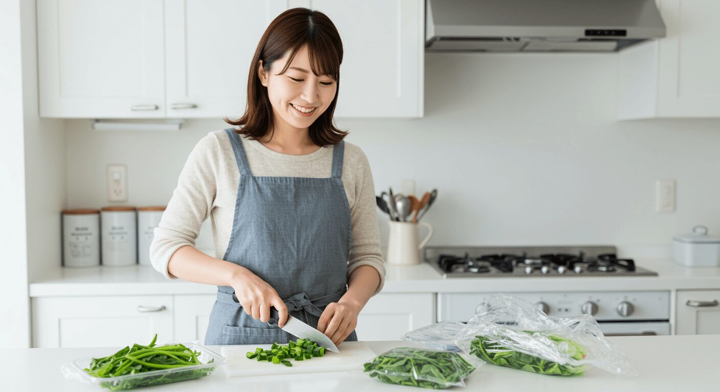 カットした野菜をラップに包んで冷凍保存する様子