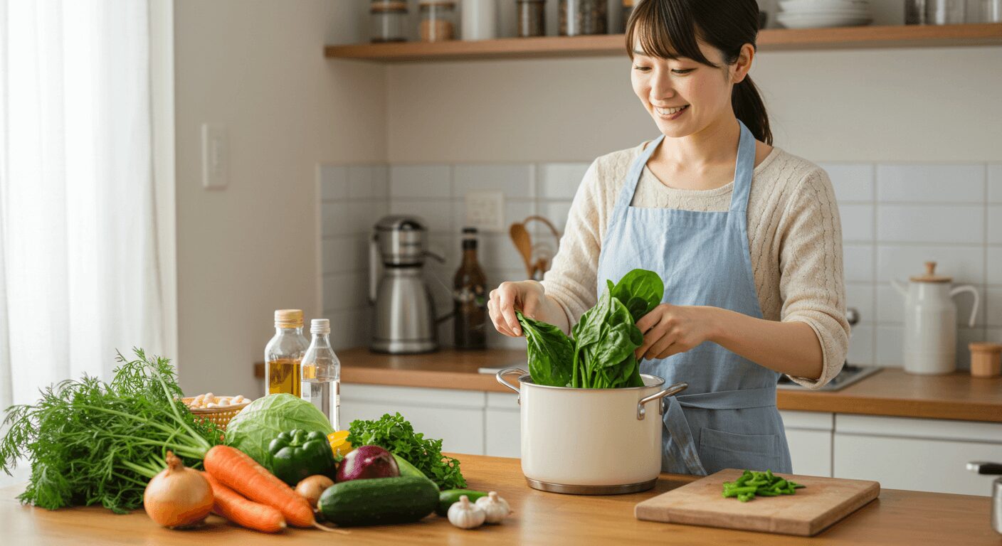 加熱調理された野菜を冷ます準備をしている様子
