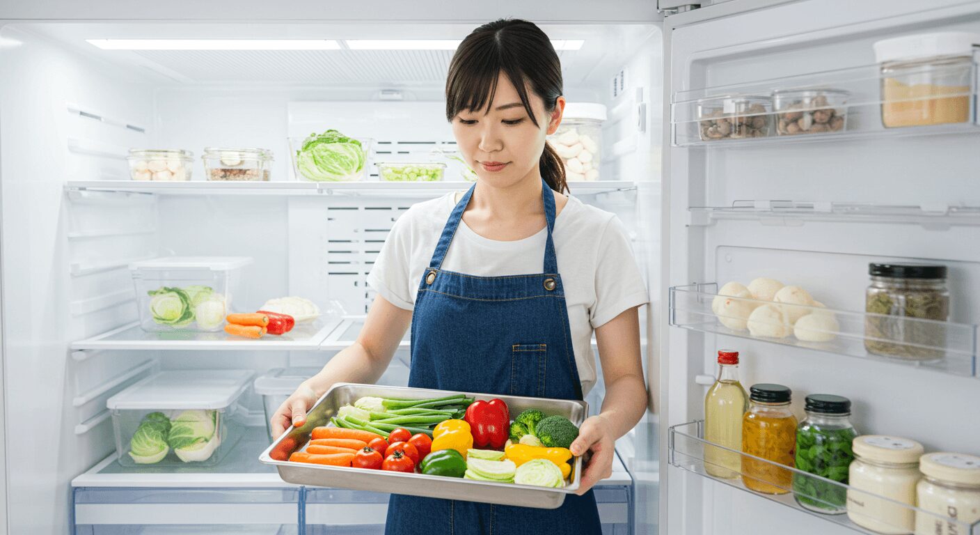 金属トレーに広げて冷凍中のカット野菜