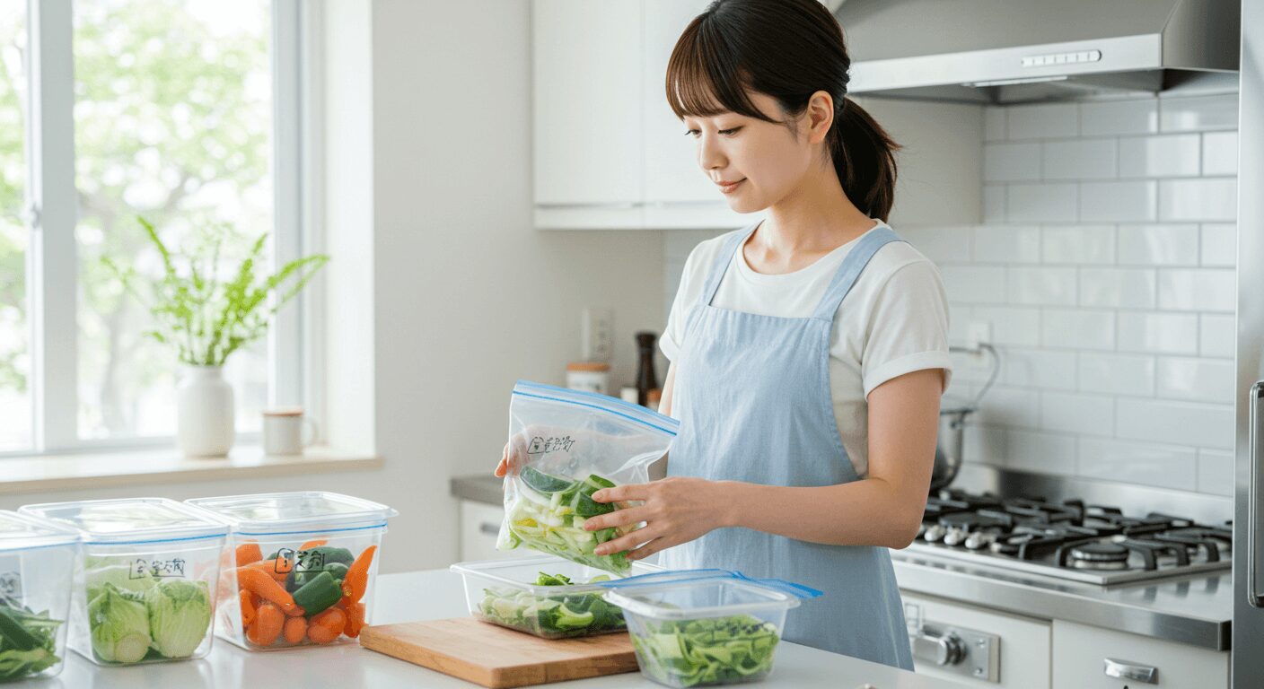 冷凍用保存袋にラベルを貼って管理する様子