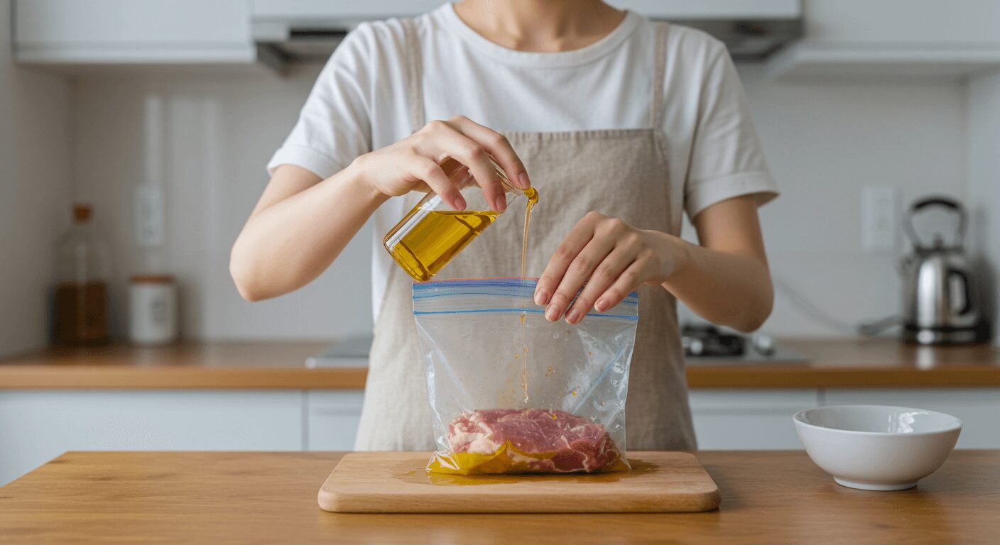 保存袋に入れた肉にオイルを加えている様子