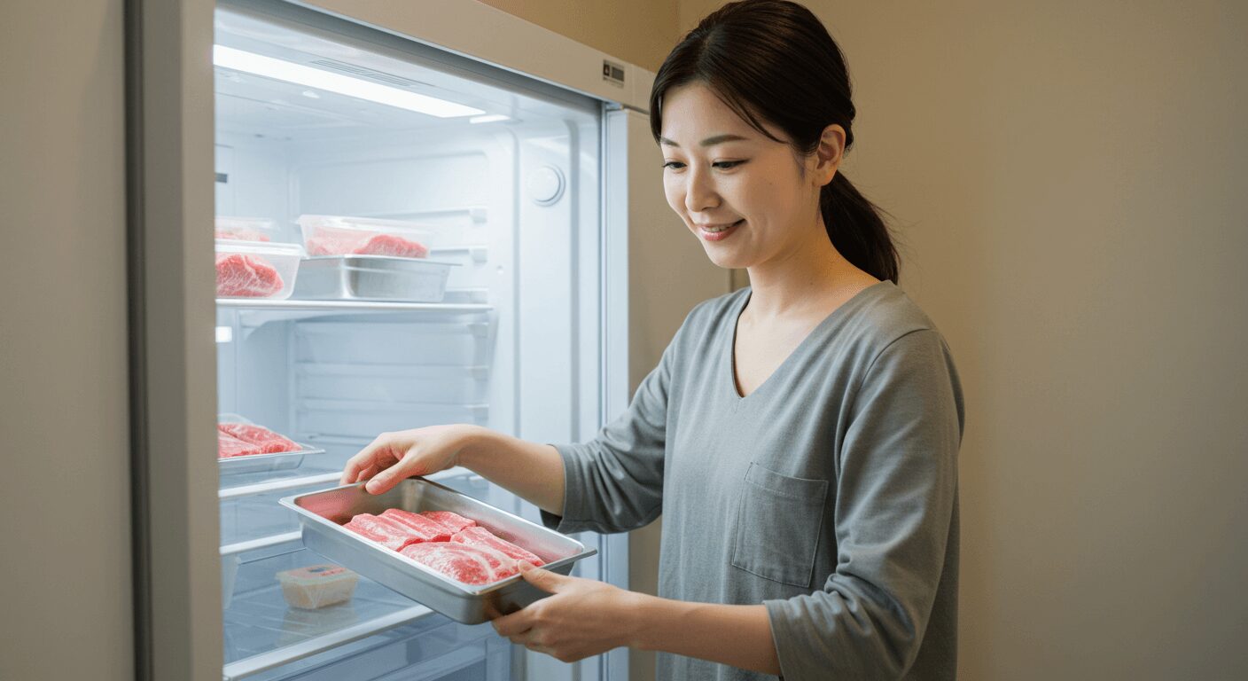 金属トレーに平らに並べて冷凍している下味付き肉