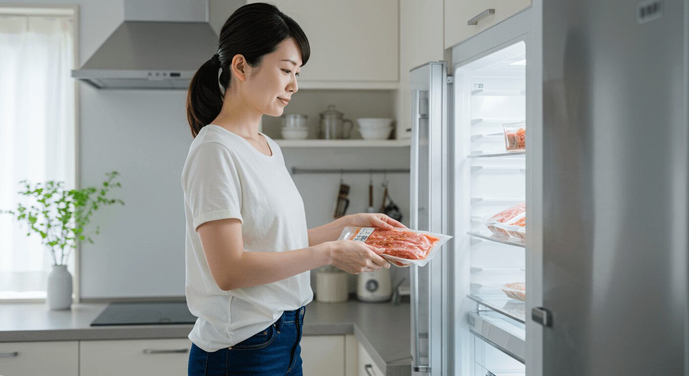 冷蔵庫に移して自然解凍している肉パック