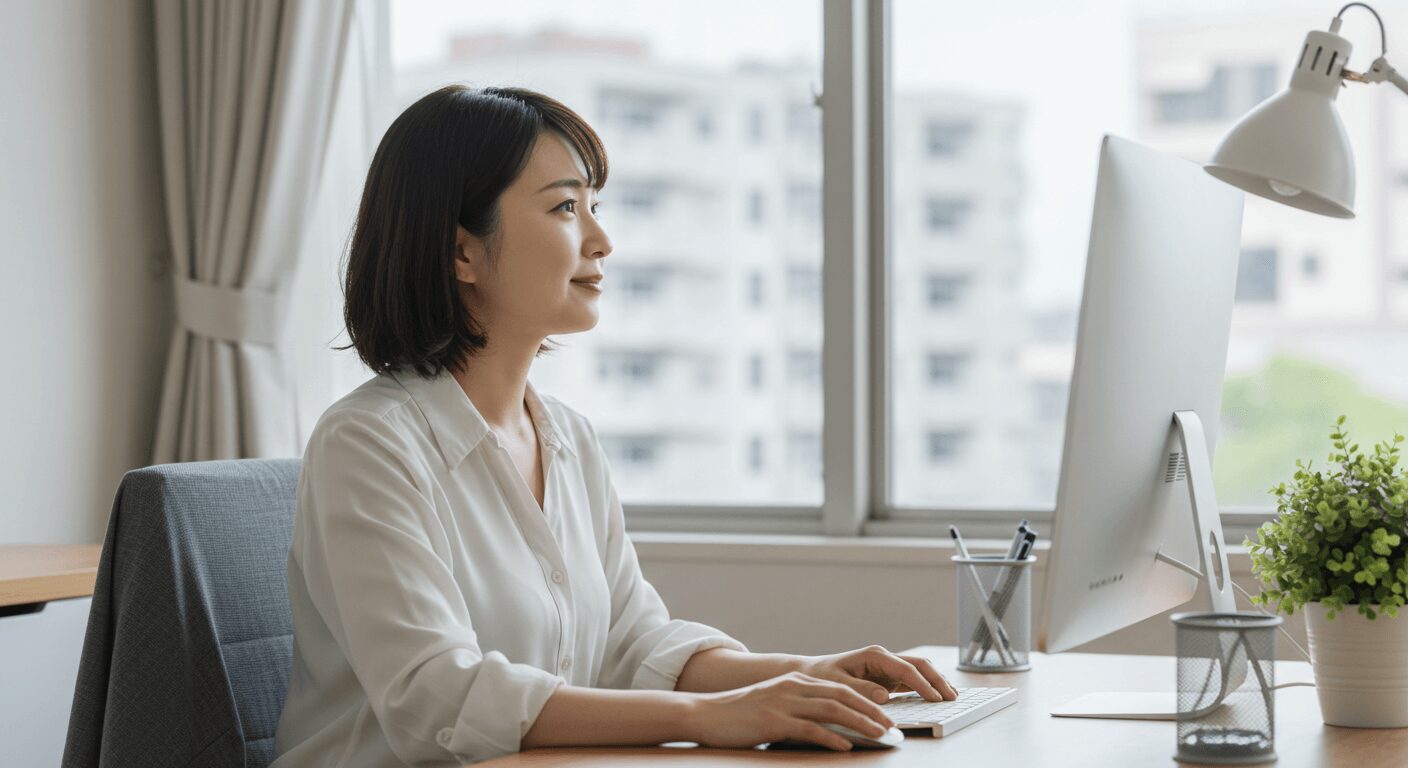 遠くを見ることで目の緊張をほぐす様子