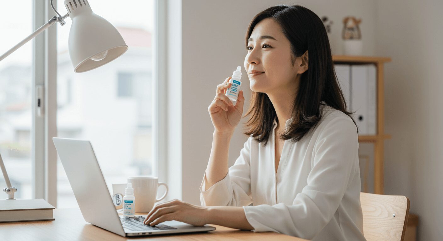 パソコン作業中に意識してまばたきをする女性