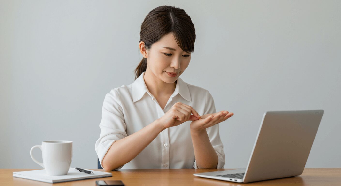 手のひらを親指で押してセルフマッサージしている様子