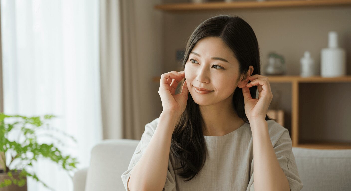 耳たぶを引っ張って耳全体をほぐしている様子