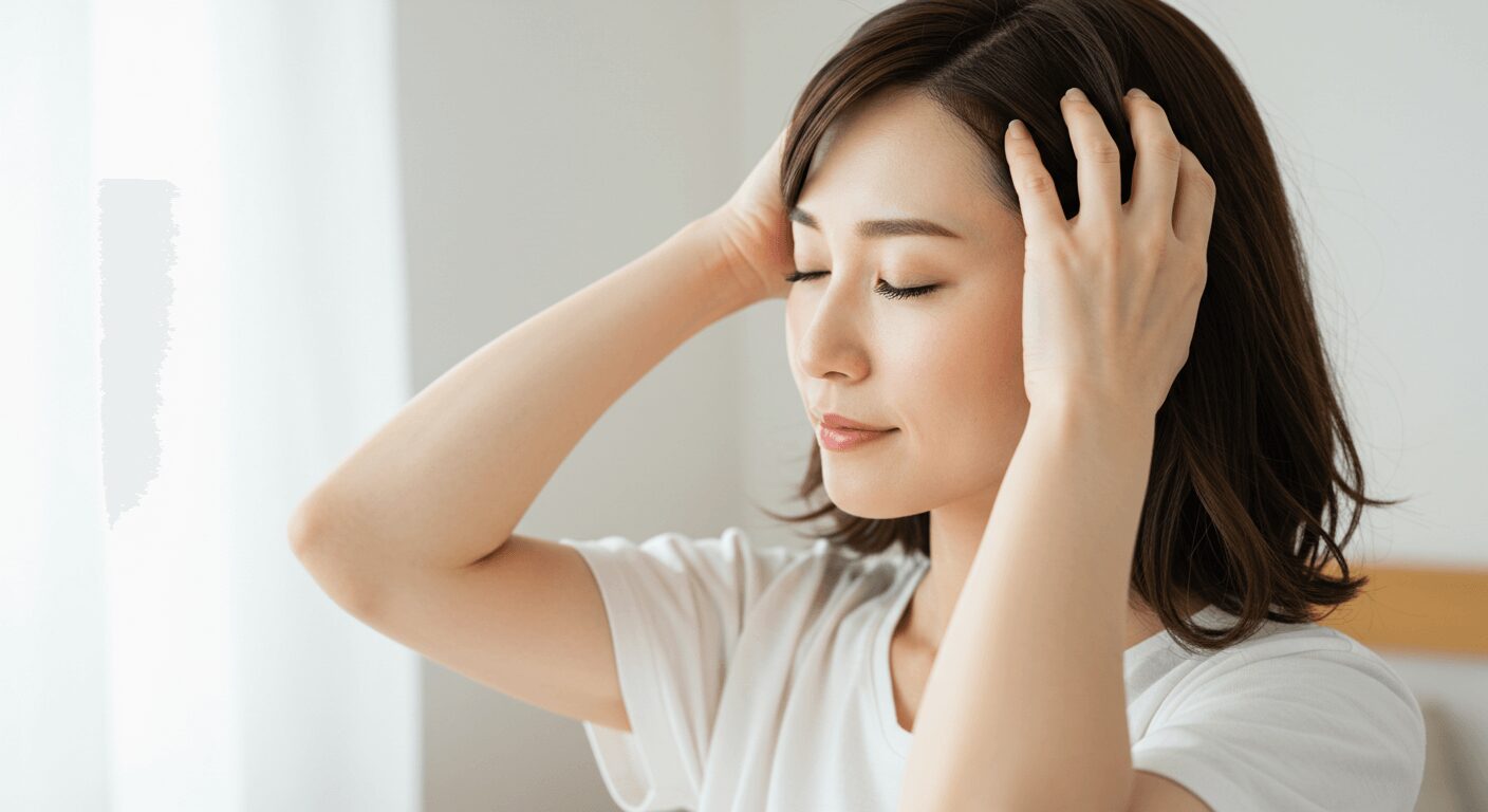 こめかみを両手でマッサージしている様子