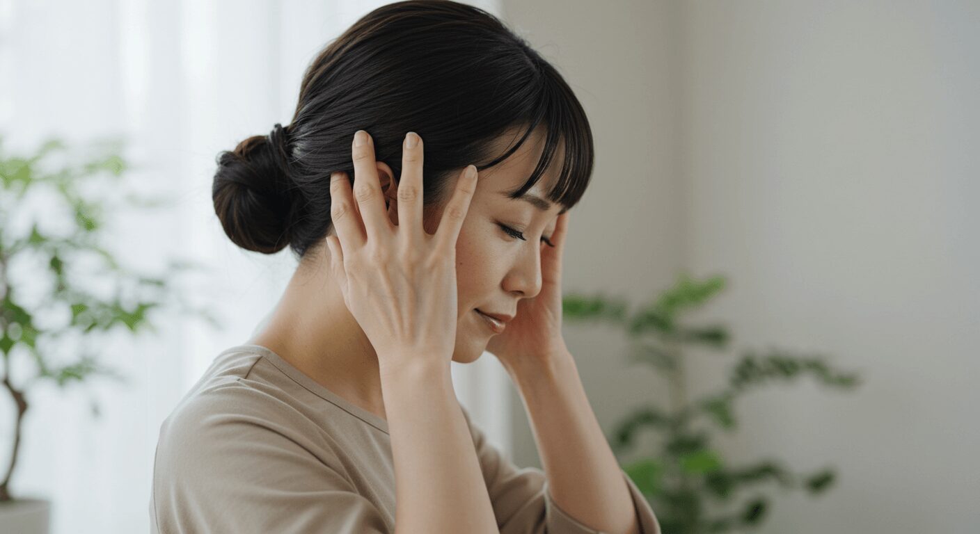 椅子に座って目を閉じながら深呼吸している女性