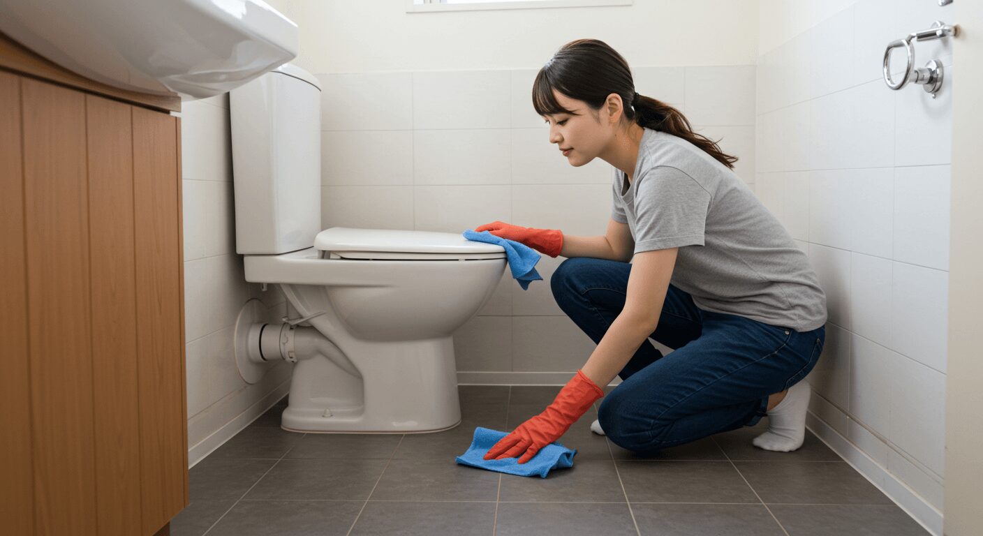 トイレの床や壁を掃除シートで拭いている様子