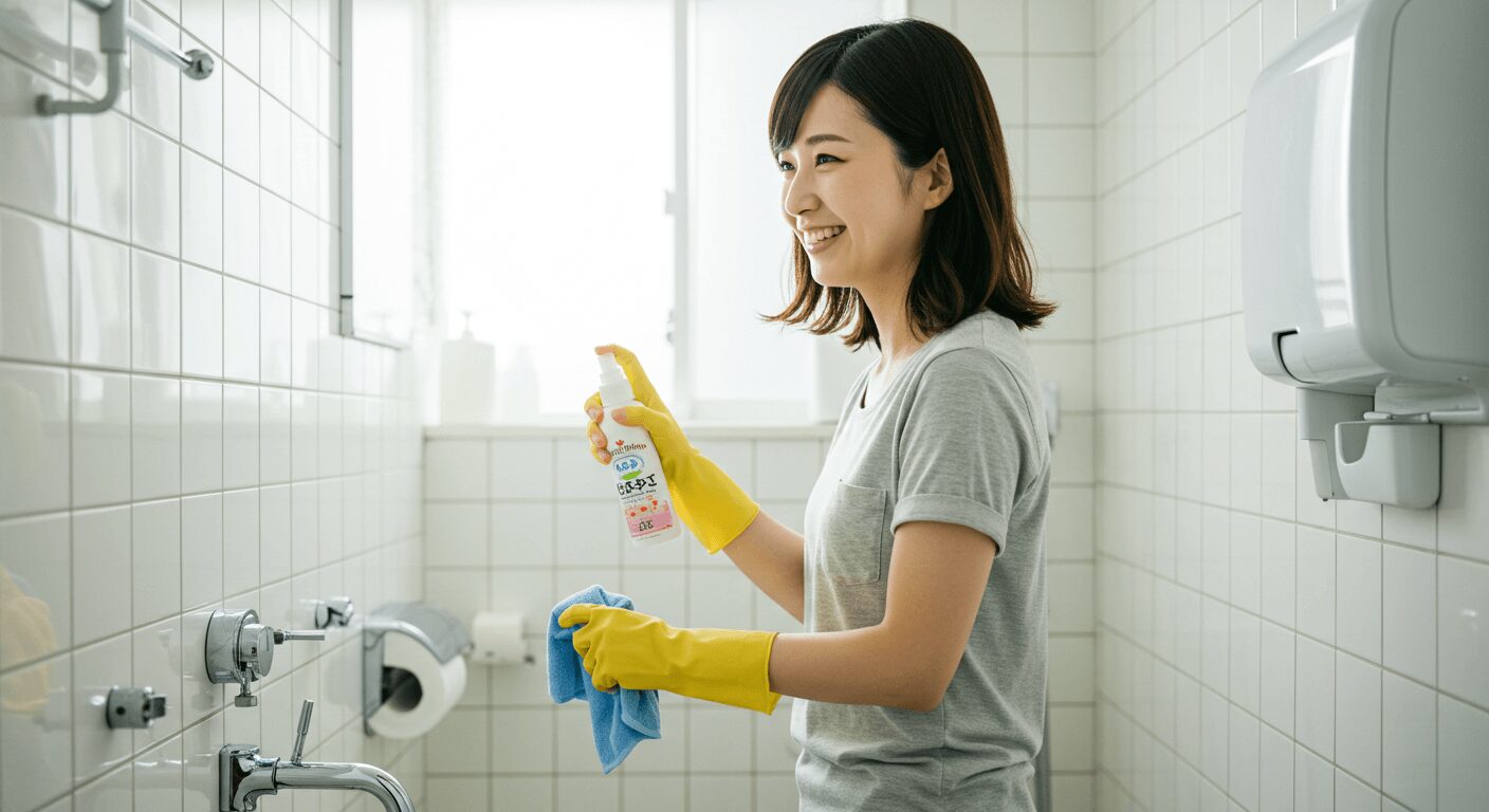 掃除後にトイレ内に消臭スプレーを吹きかけている様子