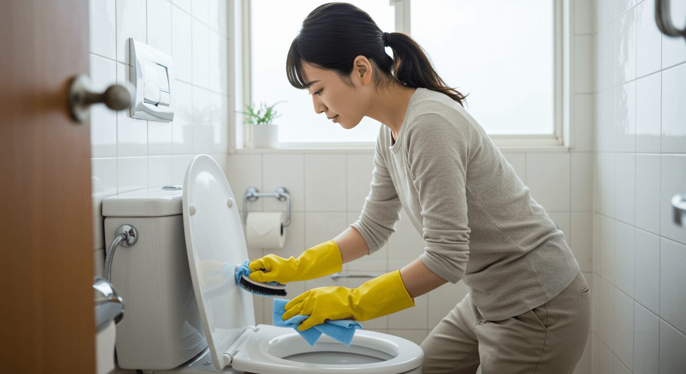 トイレタンクや棚のホコリを拭いている様子