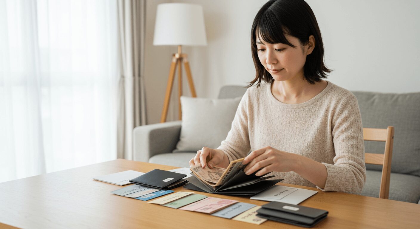 財布の中を確認しながら現金を分けて管理している女性