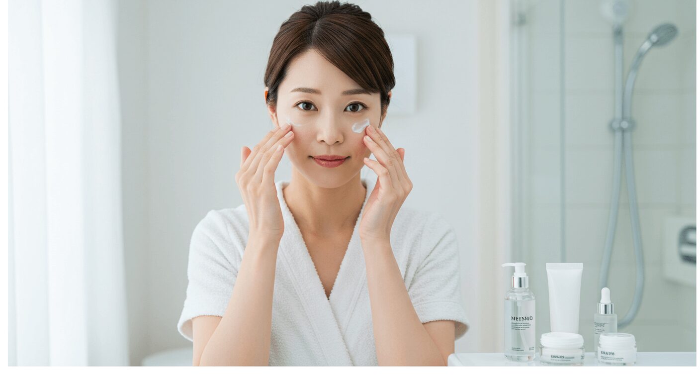 スキンケアアイテムを順に重ねて塗る女性の手元