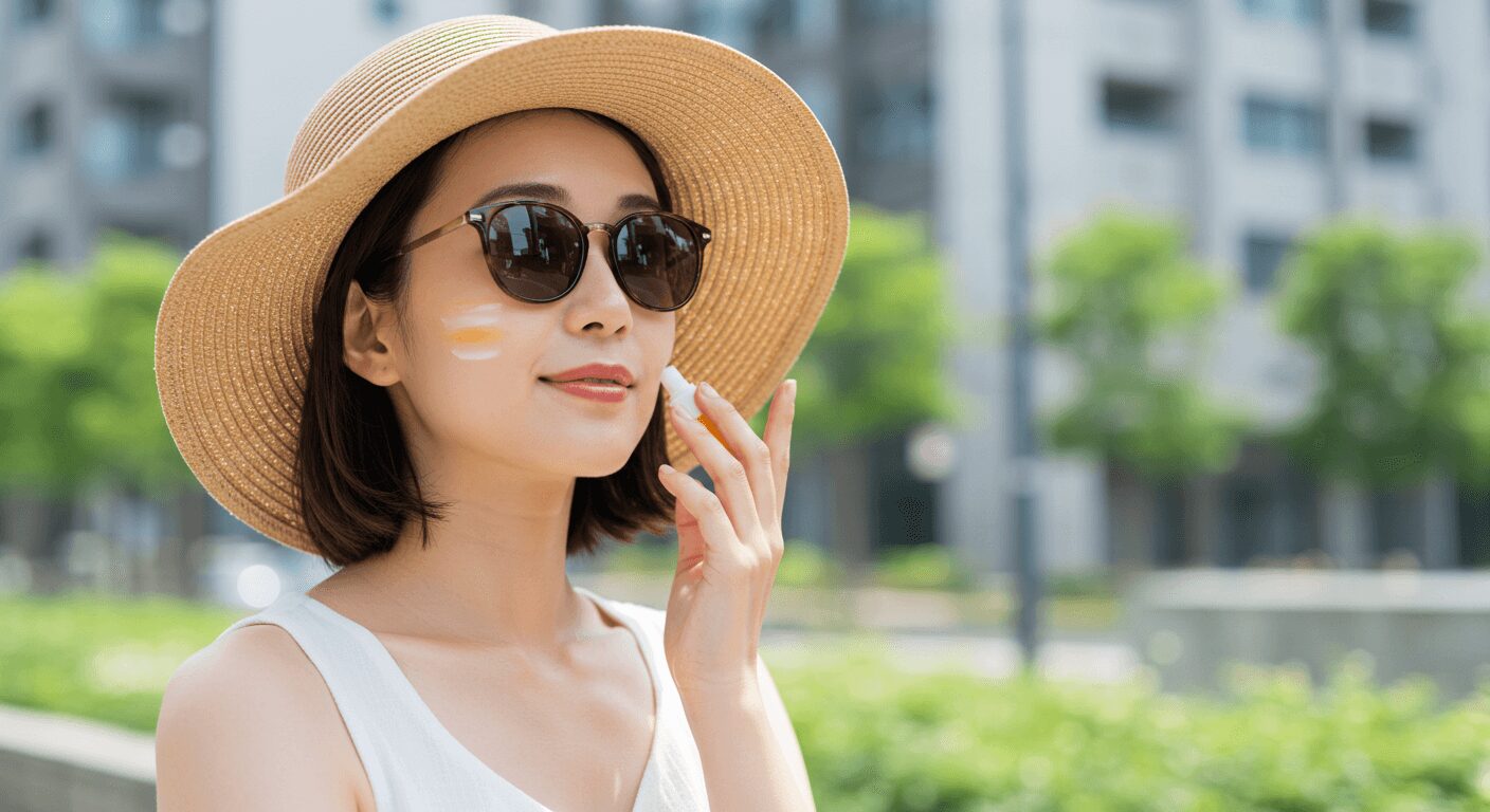 外出前に鏡を見ながら日焼け止めを塗る女性