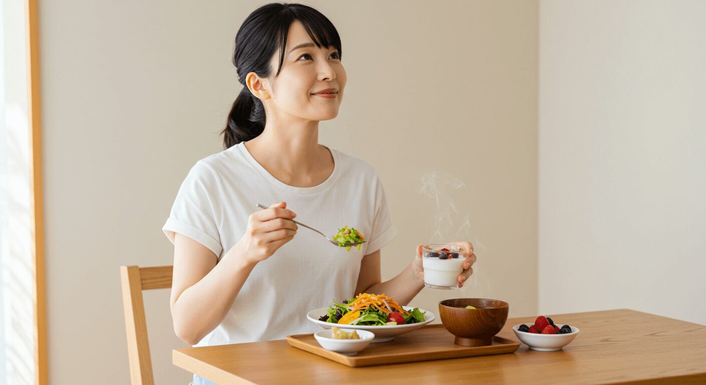 彩り豊かなサラダや果物を盛りつけた朝食プレート