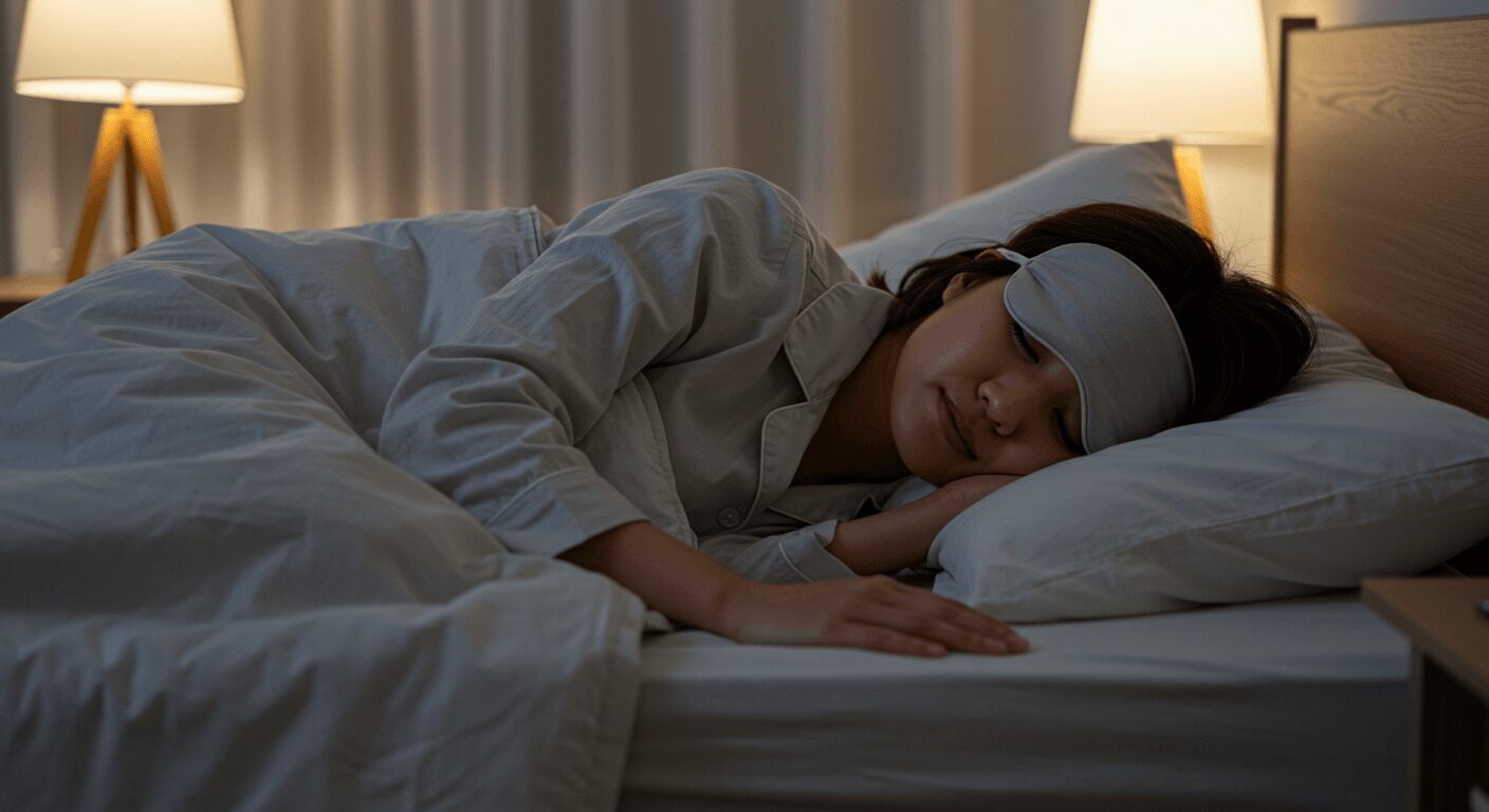 落ち着いた照明の寝室でリラックスして眠る女性