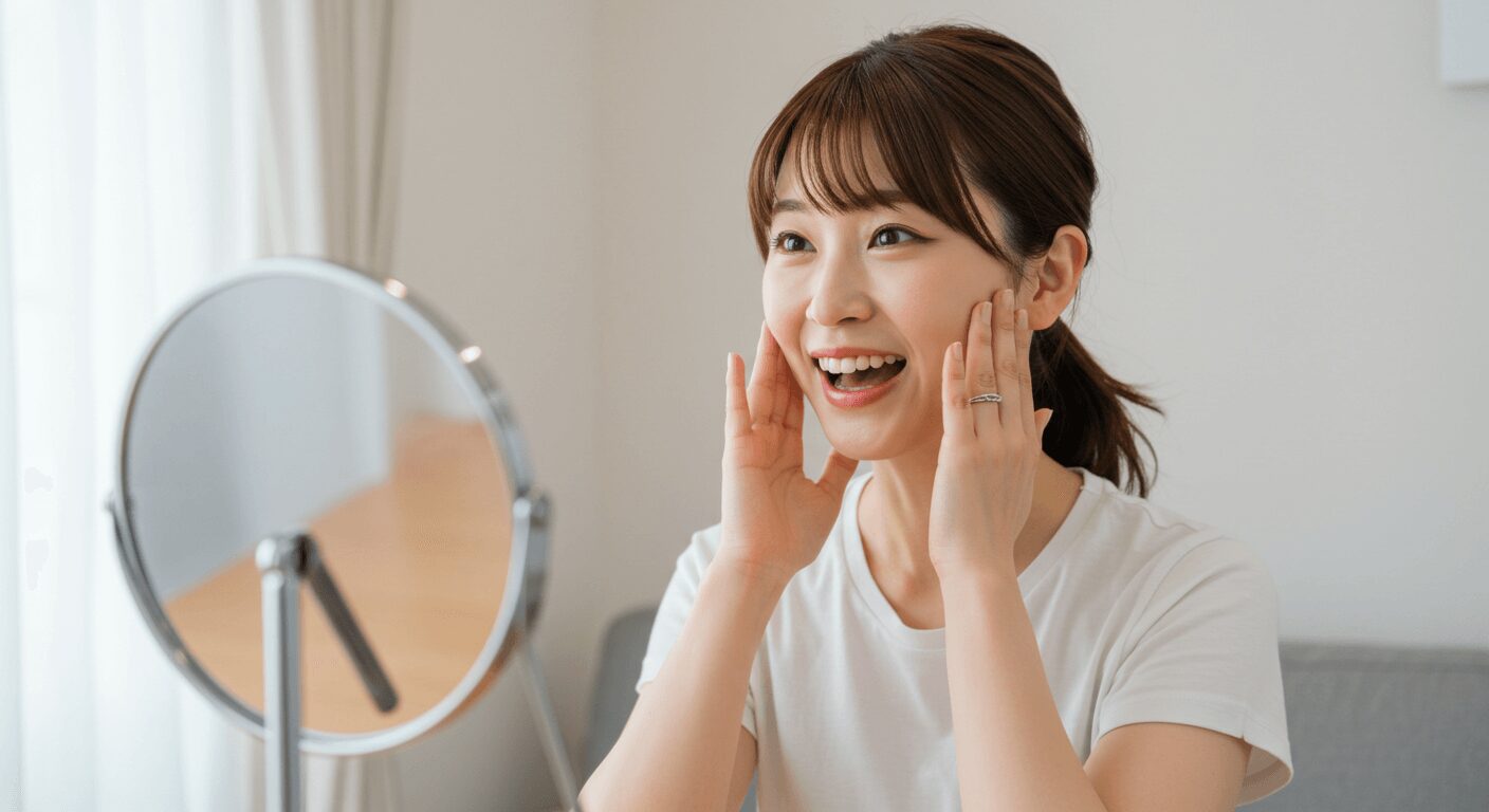 鏡を見ながら顔ヨガをしている女性